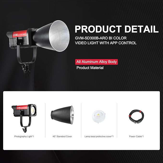 GVM 300W LED Video Light, 221950lux/1m, ARO SD300B Photography Lighting Kit - Image 7