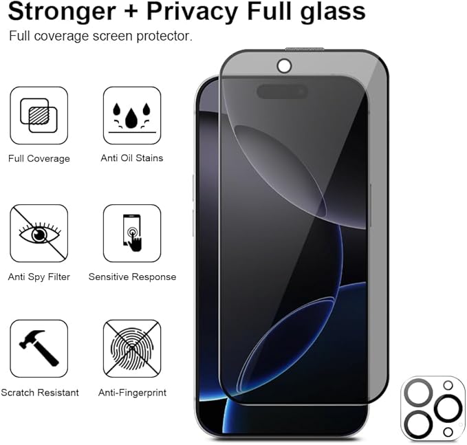3 Pack for iPhone 16 Pro Privacy Screen Protector +2 Camera Lens 9H+Full Cover - Image 9