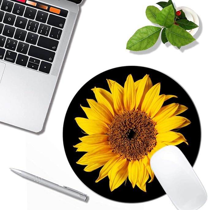 Sunflower On Black Sun Flower Mouse Pad Round Non-Slip Rubber Mousepad Laptop - Image 4