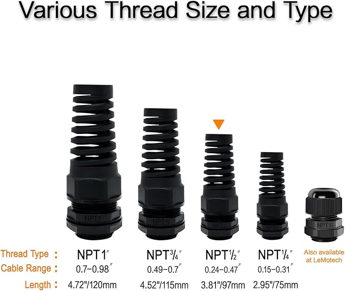 LeMotech 50Pcs NPT 1/2" IP68 Waterproof Cable Gland Flex Spiral Strain Relief - Image 5