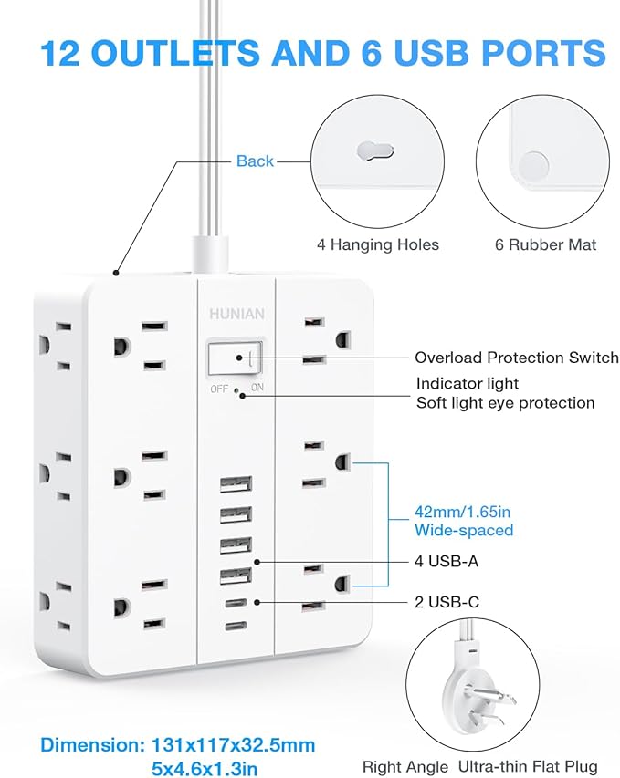 Flat Plug Power Strip Surge Protector, Flat Extension Cord Indoor 20 Feet， - Image 7