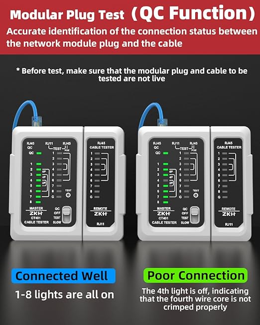 ZKH RJ45 Network Cable Tester, LAN & TEL Continuity Tester, Ethernet Cable - Image 3