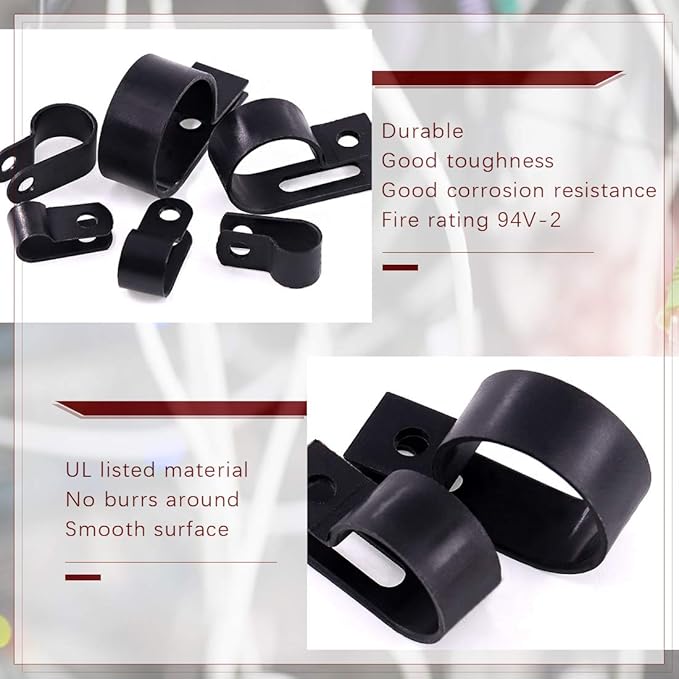Hilitchi 135 Pcs 6 Sizes Black Plastic Cable Clamp R Type Screw Mounting Cord - Image 3