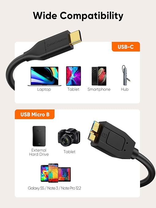 CableCreation 1FT USB C to Micro B Cable, 10Gbps Speed External Hard Drive - Image 5