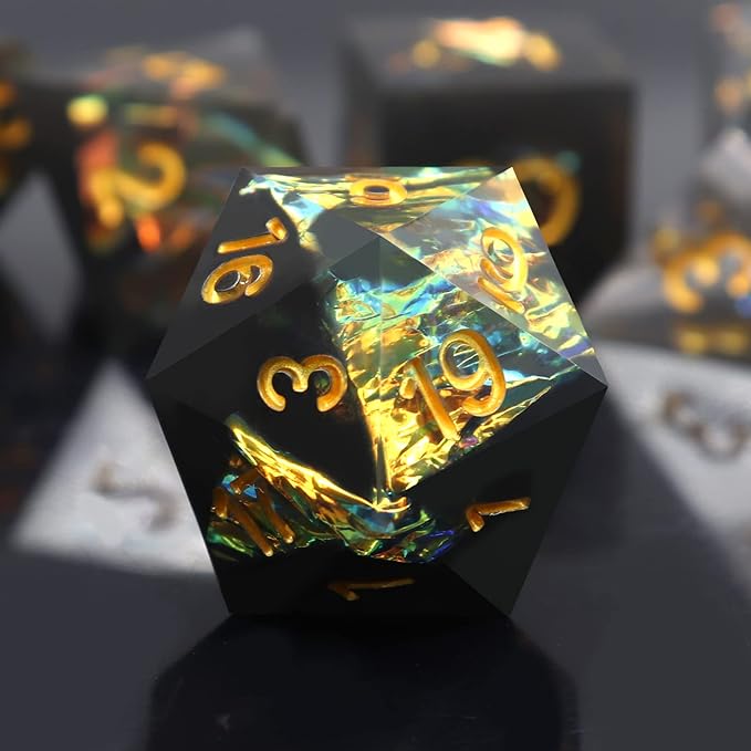 Haxtec Sharp Edge Dice Set DND Dice Black Resin Dice Iridecent Mylar Galaxy D&D - Image 6