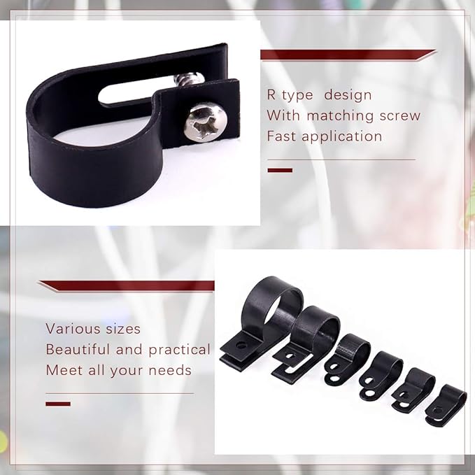 Hilitchi 135 Pcs 6 Sizes Black Plastic Cable Clamp R Type Screw Mounting Cord - Image 4
