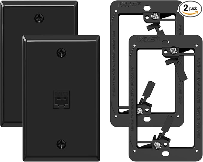 VCE Black Ethernet Wall Plate, 1-Port CAT6 Wall Plate and Jack, RJ45 Keystone by VCE