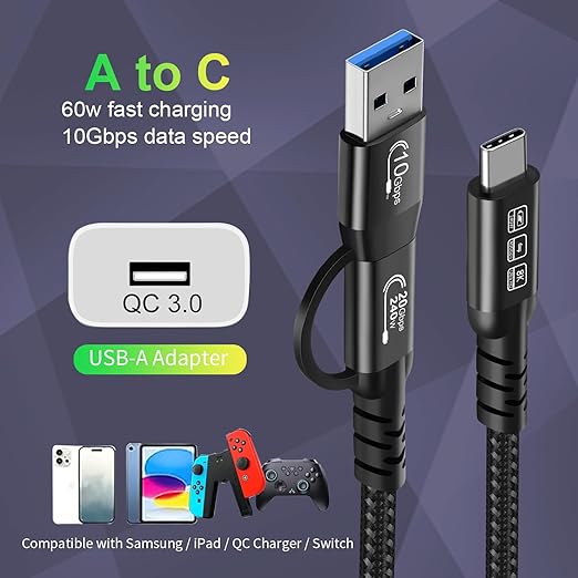 CABLEDECONN USB2.0 A to USB C 3.2 Type C 20Gbps Male to Male Detachable 2m - Image 2