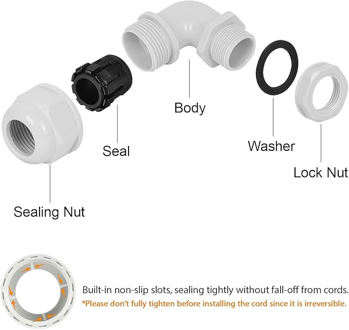 LeMotech M20 Cable Gland, 90 Degree Adjustable 9-14mm Strain Relief, Cord - Image 4