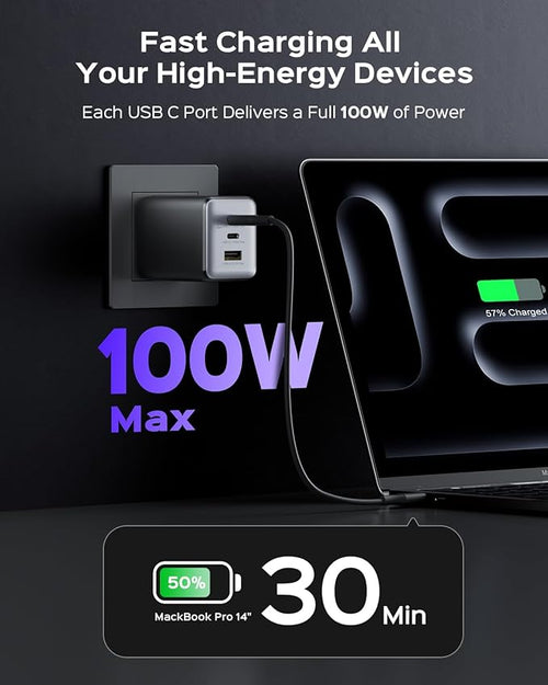 100W USB C Charger Block, 3-Port Compact Foldable Power Adapter USB Wall Charger - Image 2