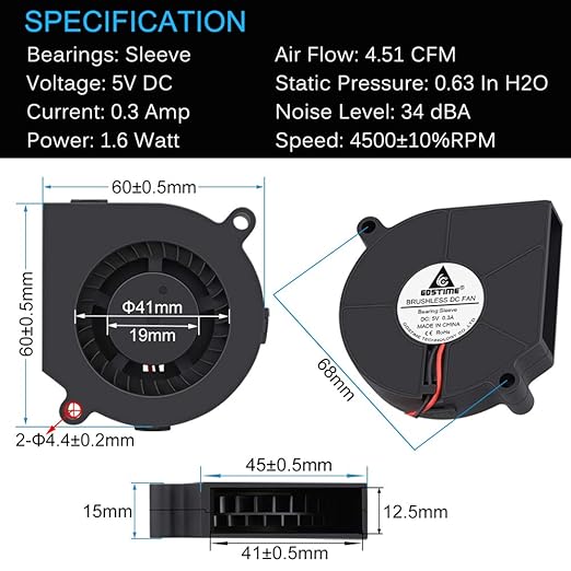 GDSTIME 5V USB Blower Fan 60mm, 60mm x 60mm x 15mm Brushless DC Cooling Blower - Image 2