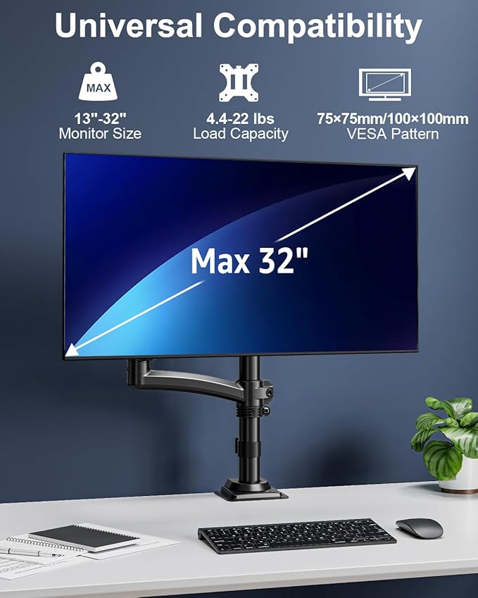 Single Monitor Mount Holds Max 22lbs, 13-32 inch Monitor Desk Mount, Height - Image 2