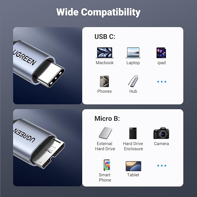 UGREEN 10 Gbps Micro B to USB C Hard Drive Cables, 3.3FT USB C to Micro B - Image 6