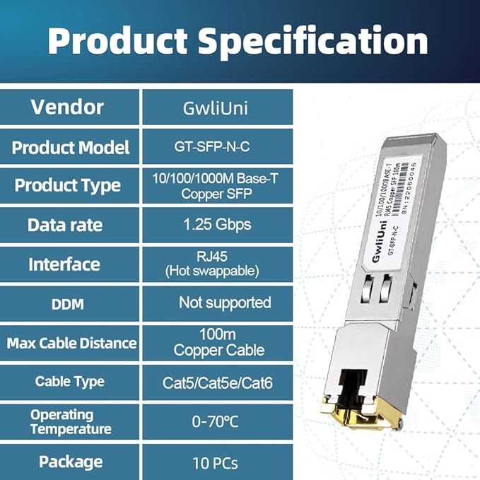 10Pcs 1.25Gbps RJ45 Copper SFP, 10/100/1000Base-T transceiver Module 100m - Image 7