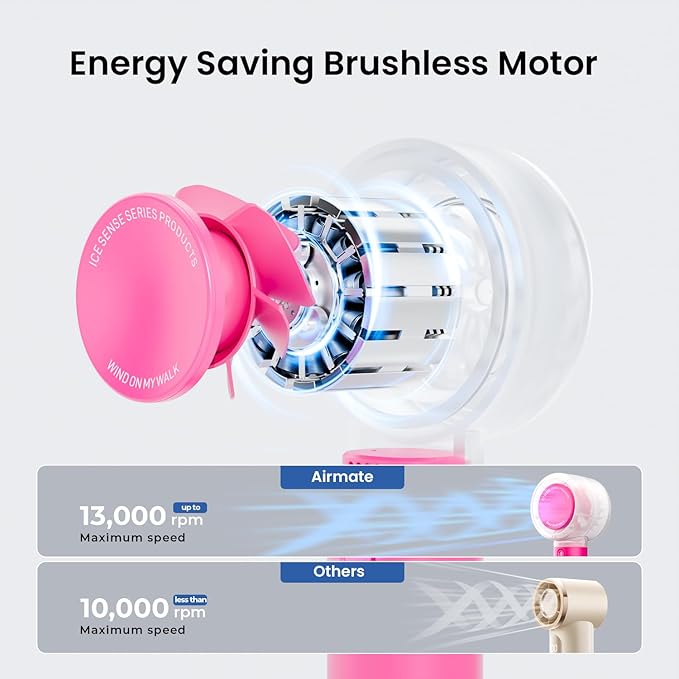 AIRMATE Portable Handheld Fan, 5 Wind Speed Adjustable, 3000mAh Battery - Image 4