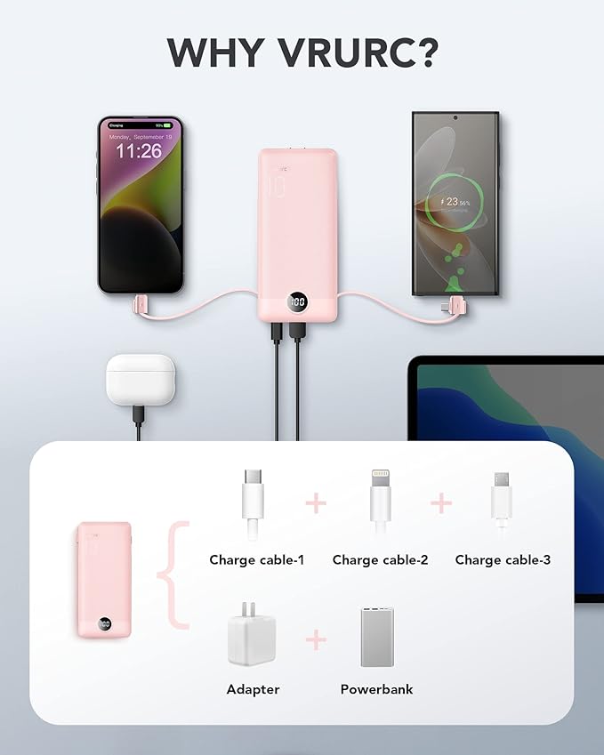 VRURC Portable Charger Built-in Cables and AC Wall Plug, USB C Power Bank - Image 4