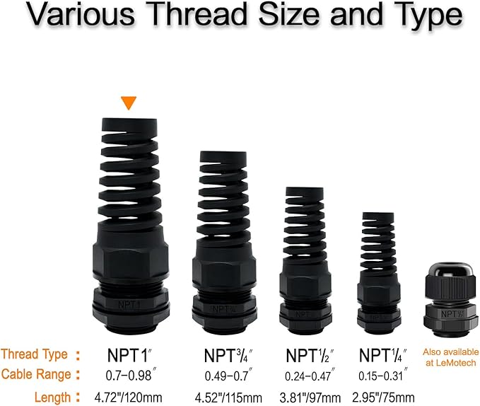 LeMotech 5Pcs NPT 1" IP68 Waterproof Cable Gland Flex Spiral Strain Relief - Image 5