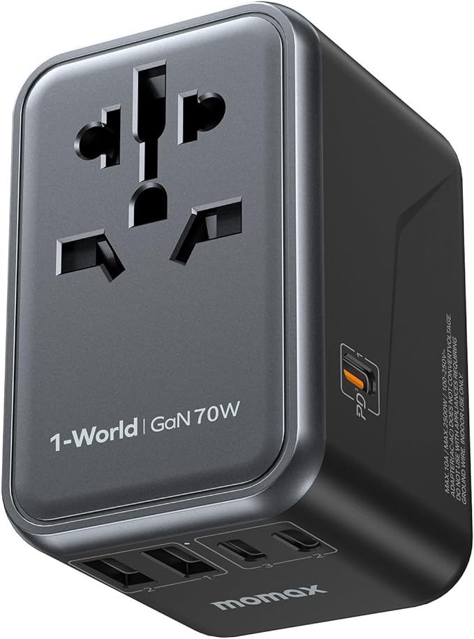 MOMAX Universal Travel Adapter, GaN 70W International Power Adapter, 3 USB-C PD by MOMAX