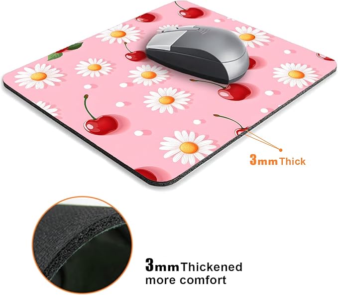 Pink Daisy Cherry Mouse Pads for Desk, Portable Wireless Computer Mouse pad - Image 3