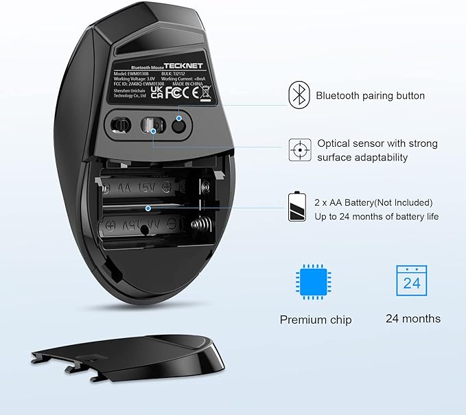 TECKNET Bluetooth Mouse, 4800 DPI Wireless Mouse, 2-Year Battery 6 Adjustable - Image 6