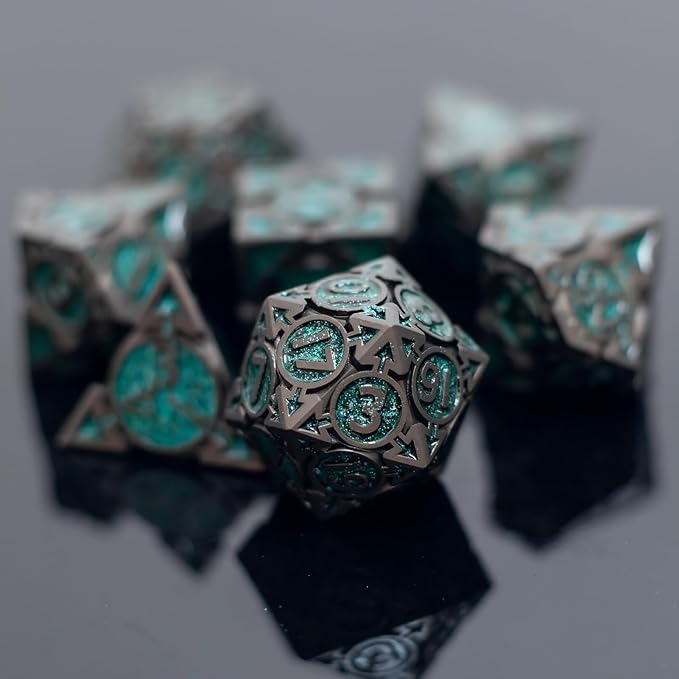 Green Black Nickel Finish Heavy Metal DND Dice Set - Image 3