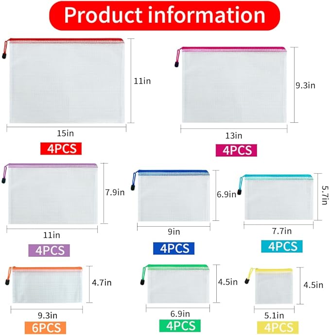 Vuzvuv 34pcs Mesh Zipper Pouch Set ，8 Sizes Plastic Document Pouch - Image 2