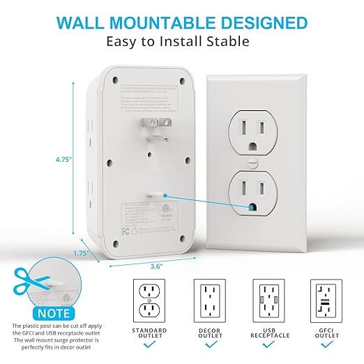 Wall Charger, Surge Protector, 6 Outlet Extender - Image 4