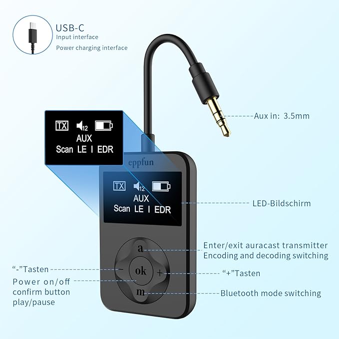 eppfun Bluetooth Auracast Transmitter, AptX Lossless, AptX HD, USBC/3.5mm Aux - Image 4