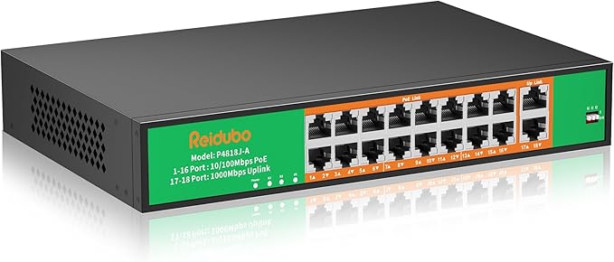 16 Port PoE Switch, 16 PoE+ 100Mbps Ports by ReiduboSecurityPoECameraSwitch
