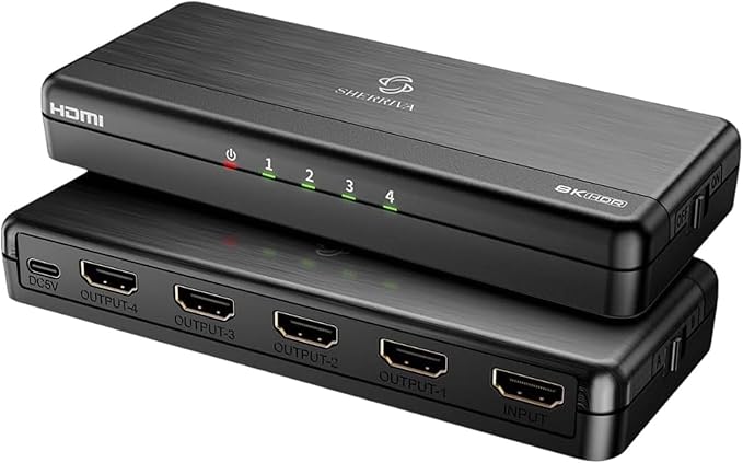 8K HDMI Splitter 1 in 4 Out, 1x4 Duplicate/Mirror Screens, HDMI 2.1, Auto by SHERRIVA