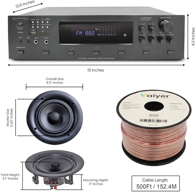 Vaiyer Home Audio System Kit, 6-Channel 6000 Watts Bluetooth Amplifier w/ 5.25" - Image 2