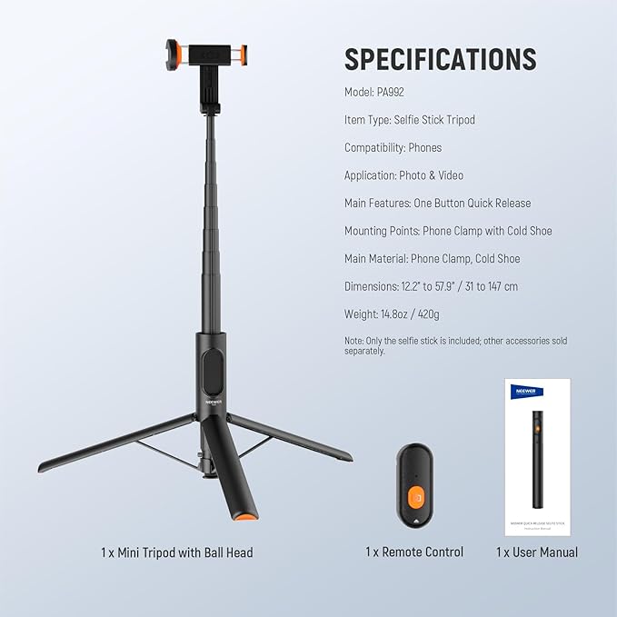 NEEWER 57.9" Selfie Stick Tripod Compatible - Image 8