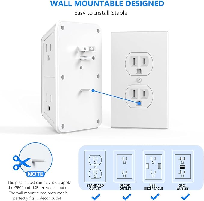 2 Pack Wall Charger, Surge Protector 6 Outlet Extender Multi Plug Wall Outlets - Image 8