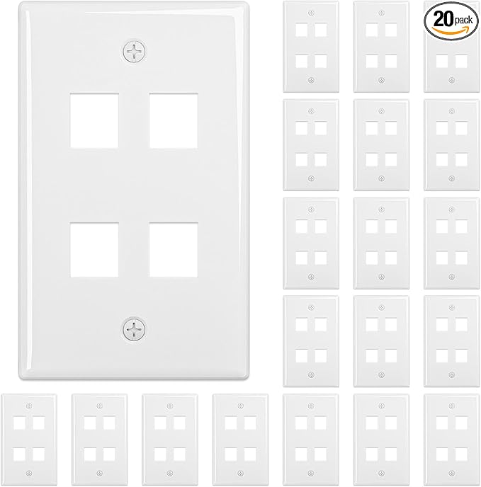 FGB 4-Port Keystone Wall Plate 20-Pack, Low-Profile Single Gang Wall Plates by FGB