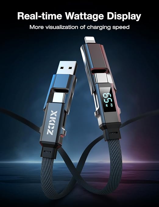 4 in 1 USB C Cable with Wattage Display, 65W Flat Nylon Braided Multi Charge - Image 3