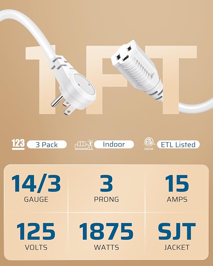 DEWENWILS 1FT Extension Cord Indoor, 14 Gauge Short Flat Plug Extension Cord - Image 2