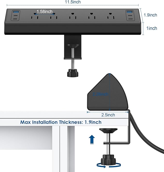 Desk Clamp Power Strip USB C, Under Desk Mount Power Station, 20W Fast Charging - Image 7