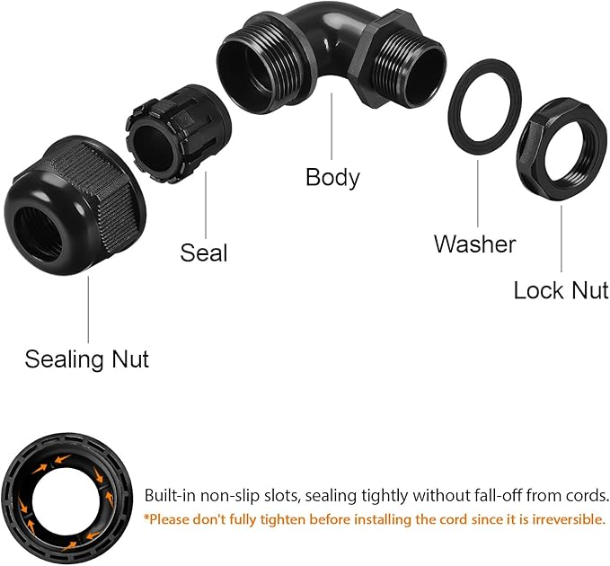 LeMotech M16 Cable Gland, 90 Degree Adjustable 6-10mm Strain Relief, Cord - Image 4