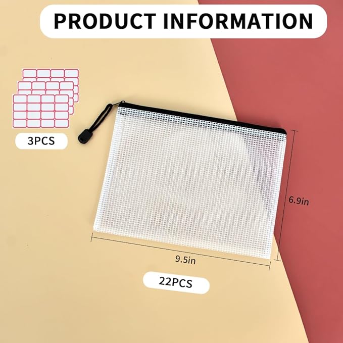 Vuzvuv A5-22 PCS 9.49"x 7.09"Mesh Zipper Pouch Set，Resistant Document File - Image 2