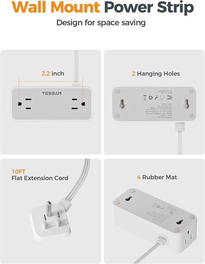 Flat Plug Extension Cord 10 FT, TESSAN Surge Protector Power Strip - Image 8