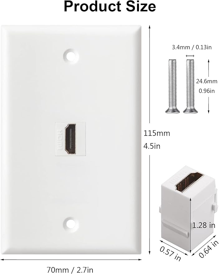 HDMI Wall Plate, 1 Port 4K HDMI Keystone Female to Female Wall Plate-White - Image 3