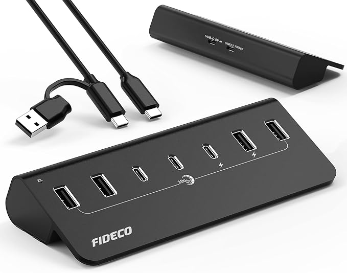 FIDECO Powered USB Hub, 7 Port USB 3.2 Gen 2, 10Gbps Fast Data Hub by FIDECO