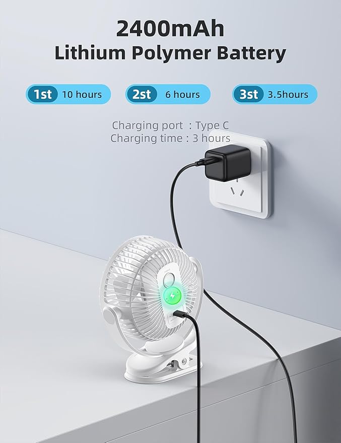 usb Personal Clip on Fan 2400mAh Battery Operated 6in, Type C, 3 Speed - Image 6