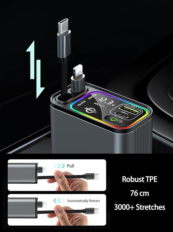 Retractable Car Charger USB C, 107W Type C Car Charger Fast Charging - Image 3