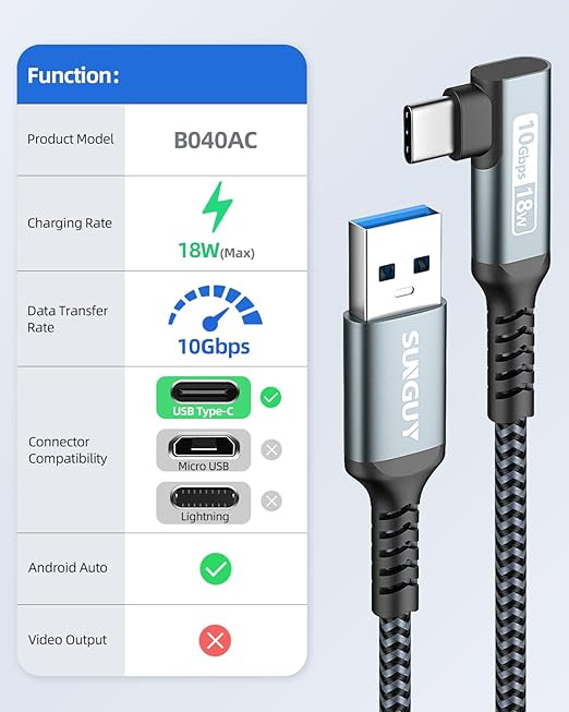 Carplay Cable 0.8FT, 10Gbps Right Angle USB A to C 3.1 Gen 2 High Speed Data - Image 2