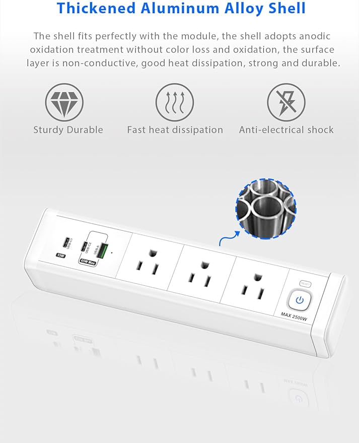 Desk Clamp Power Strip with 65W USB-C&USB A Ports 3 AC Outlet, Nightstand Edge - Image 3