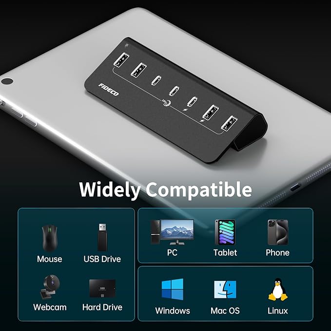 FIDECO Powered USB Hub, 7 Port USB 3.2 Gen 2, 10Gbps Fast Data Hub - Image 7