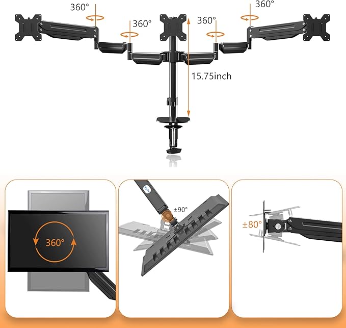 Pholiten Triple Monitor Desk Mount, Triple Gas Spring Monitor Arm - Image 4