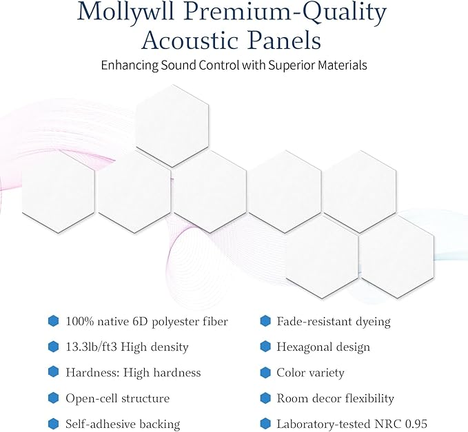 Mollywell Hexagon Acoustic Panels, High Density, Soundproofing, Decorative - Image 3