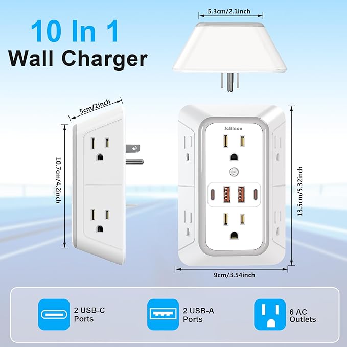 2 Pack Wall Charger, Surge Protector 6 Outlet Extender Multi Plug Wall Outlets - Image 7
